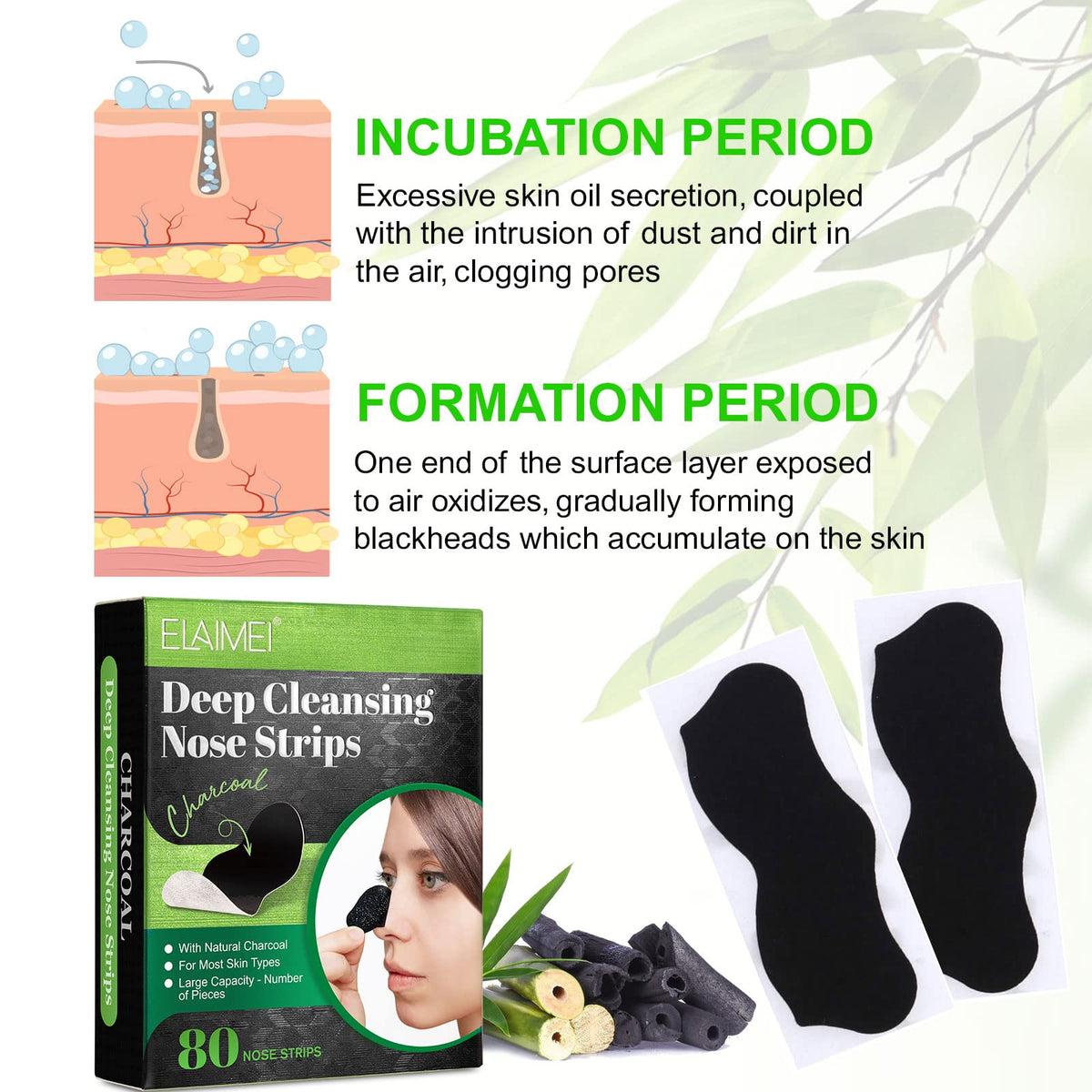Pore Strips,Natural Charcoal Deep Cleansing Pore Strips ，Nose Strips for Blackheads，Black Heads Removal for Nose