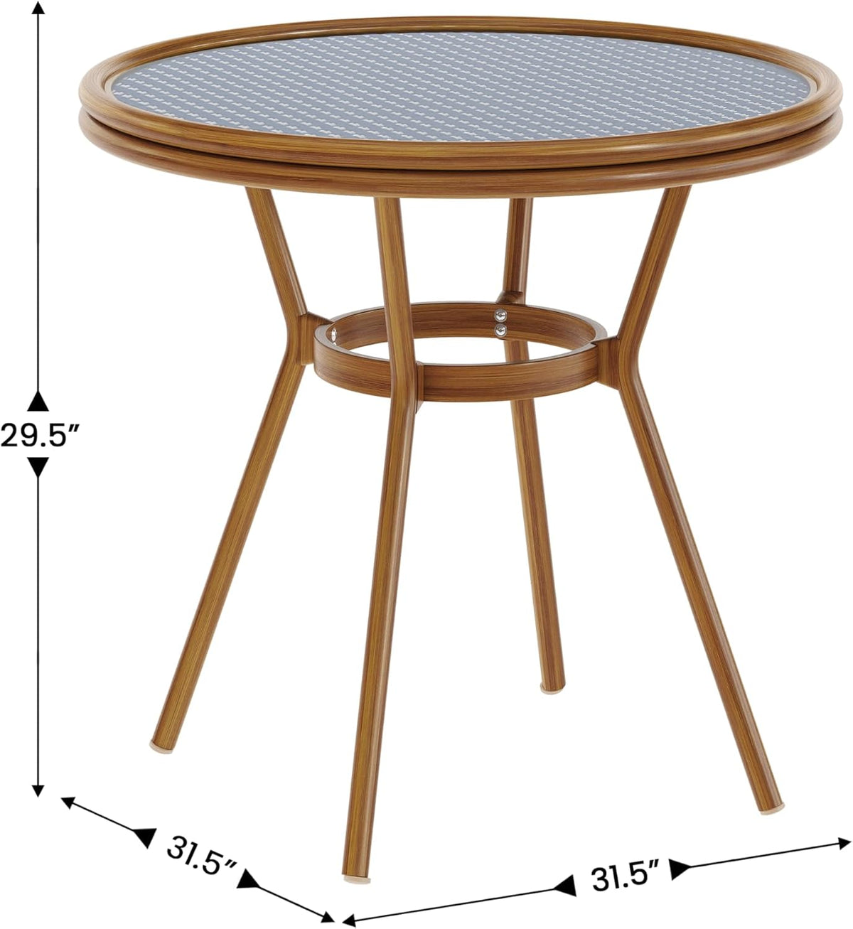 Indoor/Outdoor Commercial Bistro 31.5" Table, Navy and White PE Rattan, Glass Top, Bamboo Print Aluminum Frame in