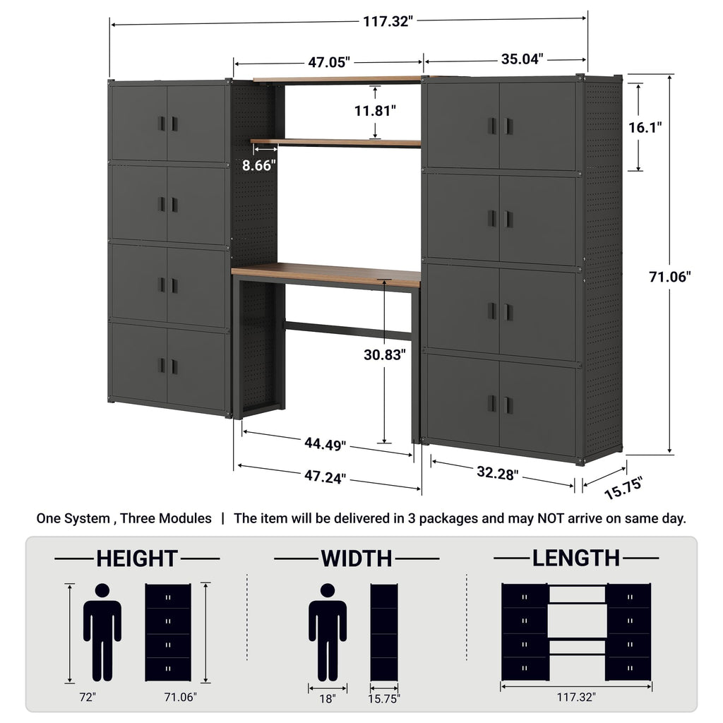 Garage Storage Cabinet System with Workbench & Pegboard, Black