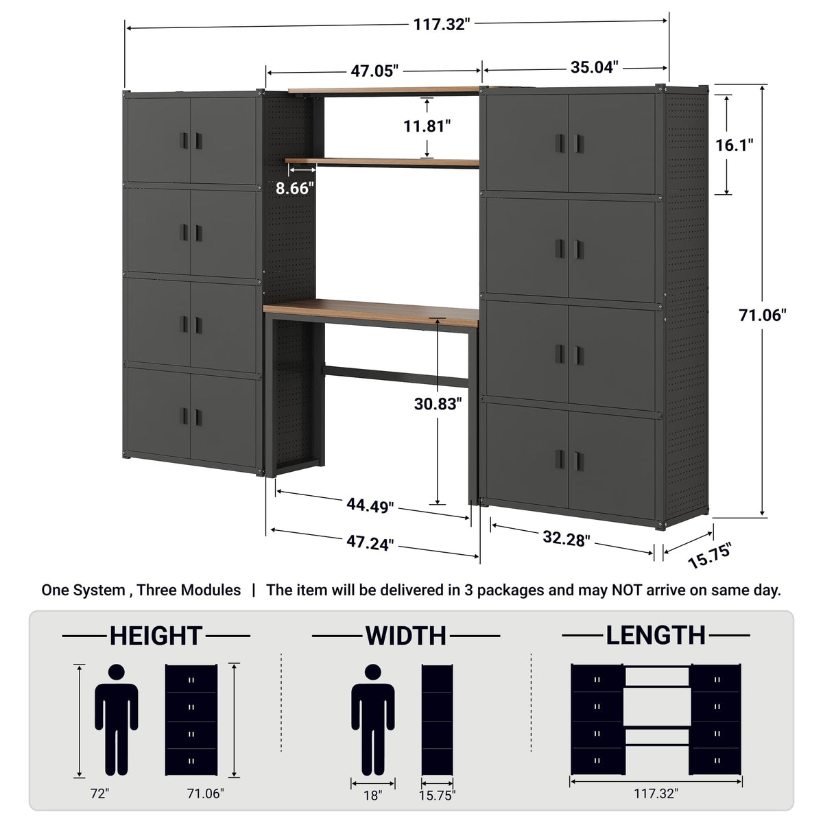 Garage Storage Cabinet System with Workbench & Pegboard, Black