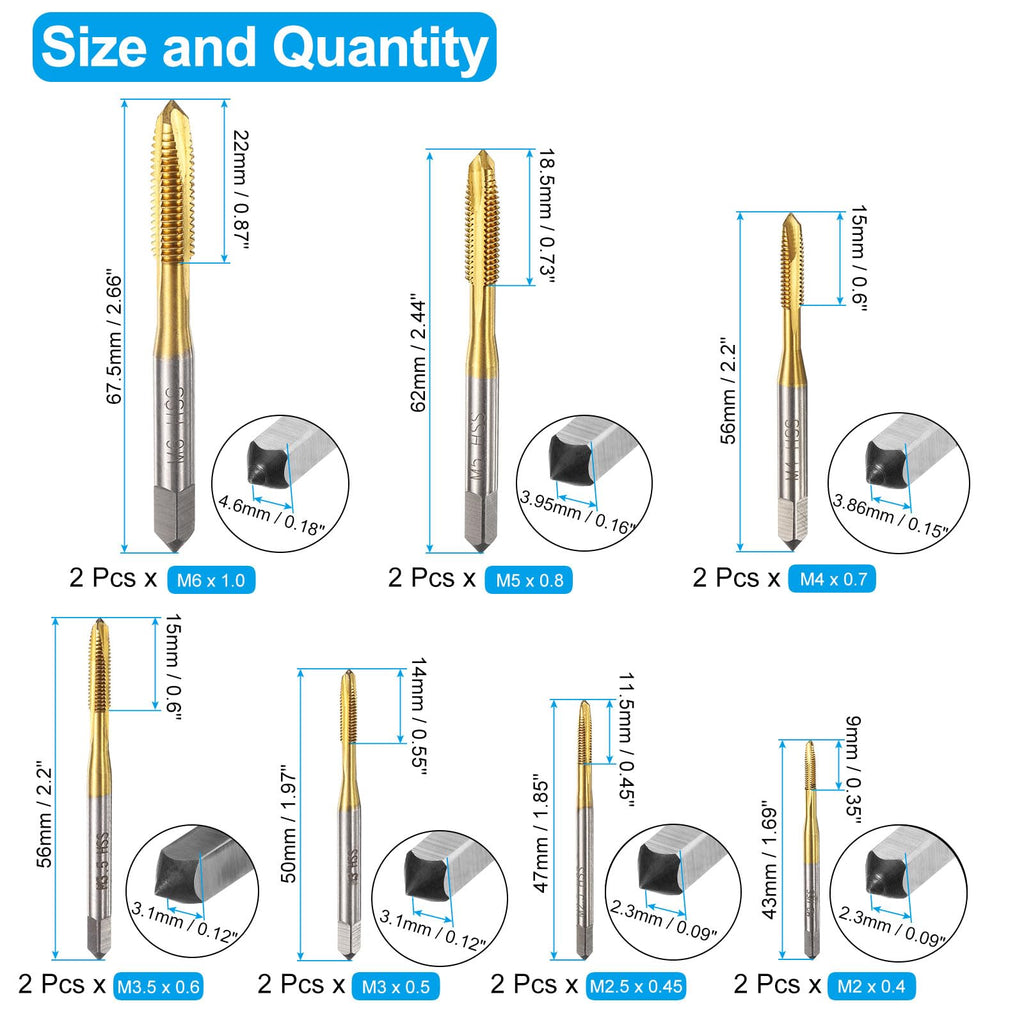 uxcell 14pcs Spiral Point Tap Set M2 M2.5 M3 M3.5 M4 M5 M6 Metric Thread Screw Taps, Titanium Coated High Speed Steel 6542 Machine Tapping Threading Repair Tool