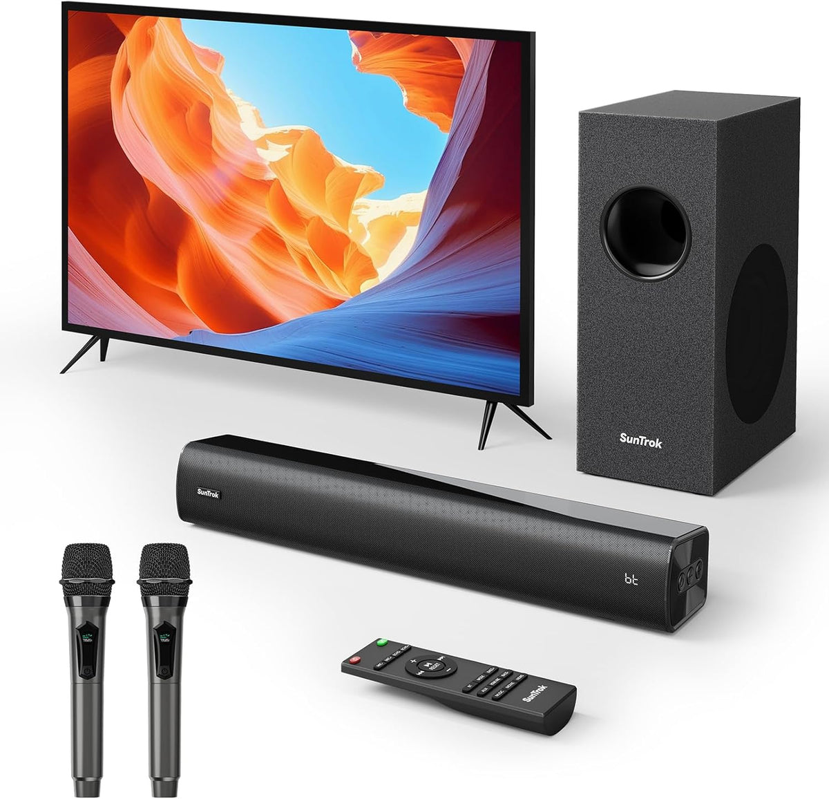Sound Bar for Smart TV,2.1CH Soundbar with Subwoofer,Karaoke Machine for TV | Karaoke SoundBar with Microphones,BT