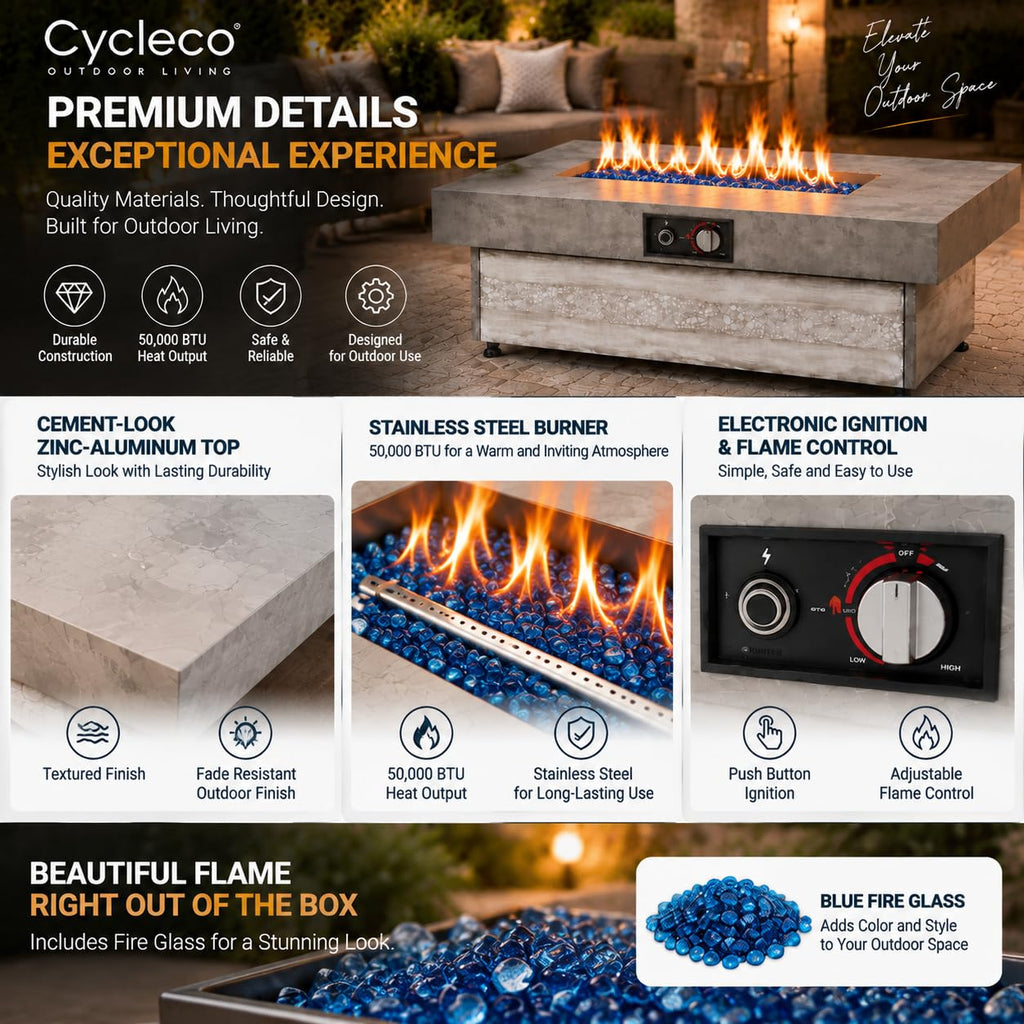 48 Inch Rectangular Outdoor Propane Gas Fire Pit Table, 50,000 BTU
