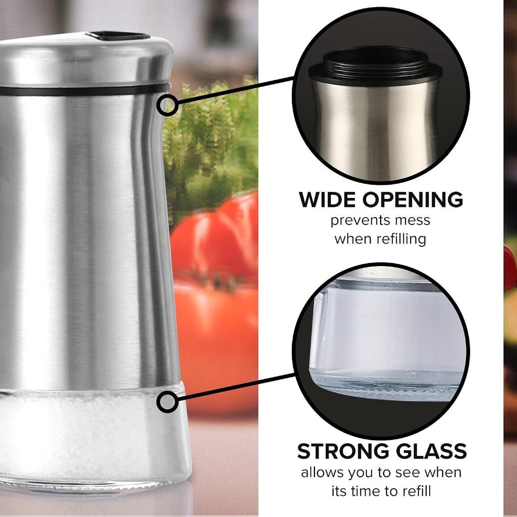 Salt and Pepper Shaker Set, Stainless Steel & Glass Spice Shakers, Adjustable Pour Holes, Refillable Salt & Pepper