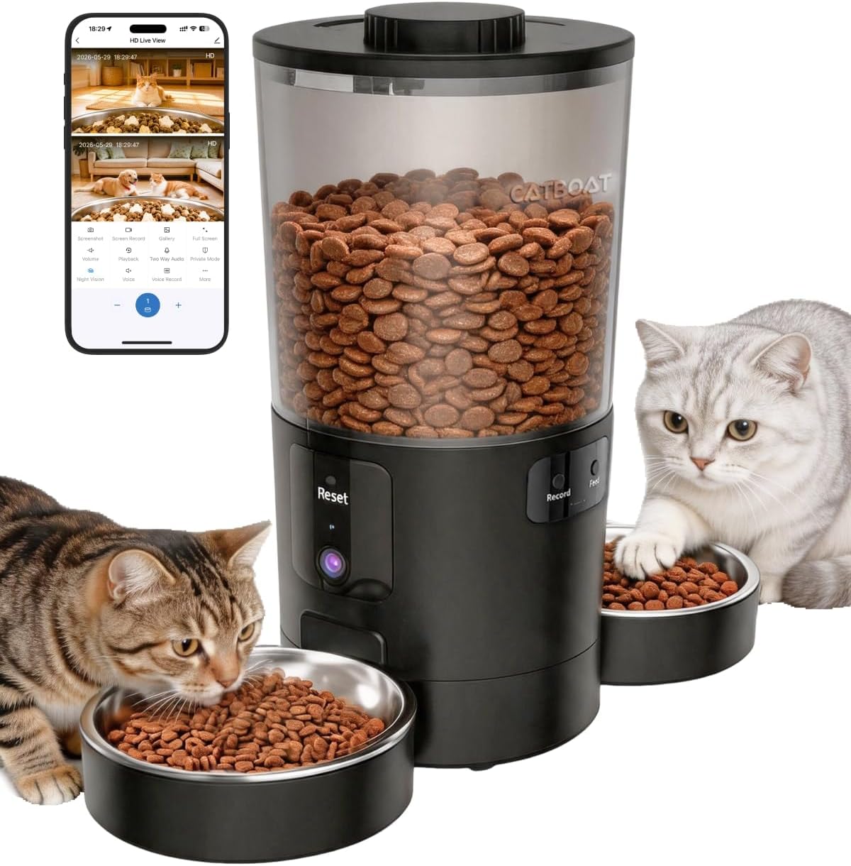 Dual-Camera Automatic Pet Feeder with 2 Bowls, 6L Smart Feeder for 2 Cats | 2K HD Video, App Control, Slow Feed Mode