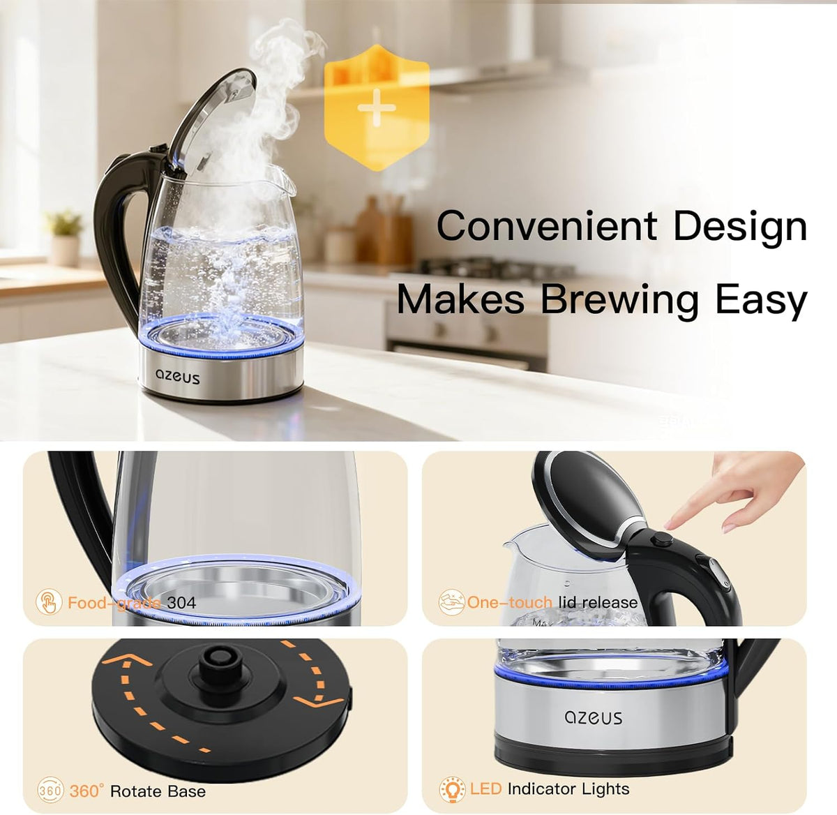 Electric Kettle 1800W Cool Touch Tea Kettle Anti-scalding Design 1.8L Large Capacity Kettle BPA-Free, White