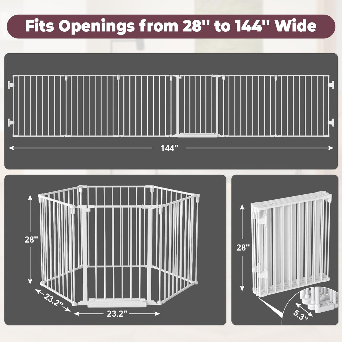 144" Extra-Wide Adjustable Hardware/Pressure-Mounted Pet & Child Safety Gate with Dual-Lock Walk-Through Swing Door for Stairs, Hallways & Wide Doorways