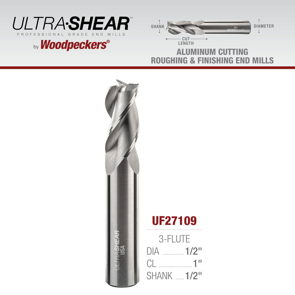 Ultra-Shear 1/2 Inch End Mills, 3 Flute, USA Made Solid Carbide CNC Aluminum Cutting End Mill Bits for Roughing & Finishing - Square End - UF27109