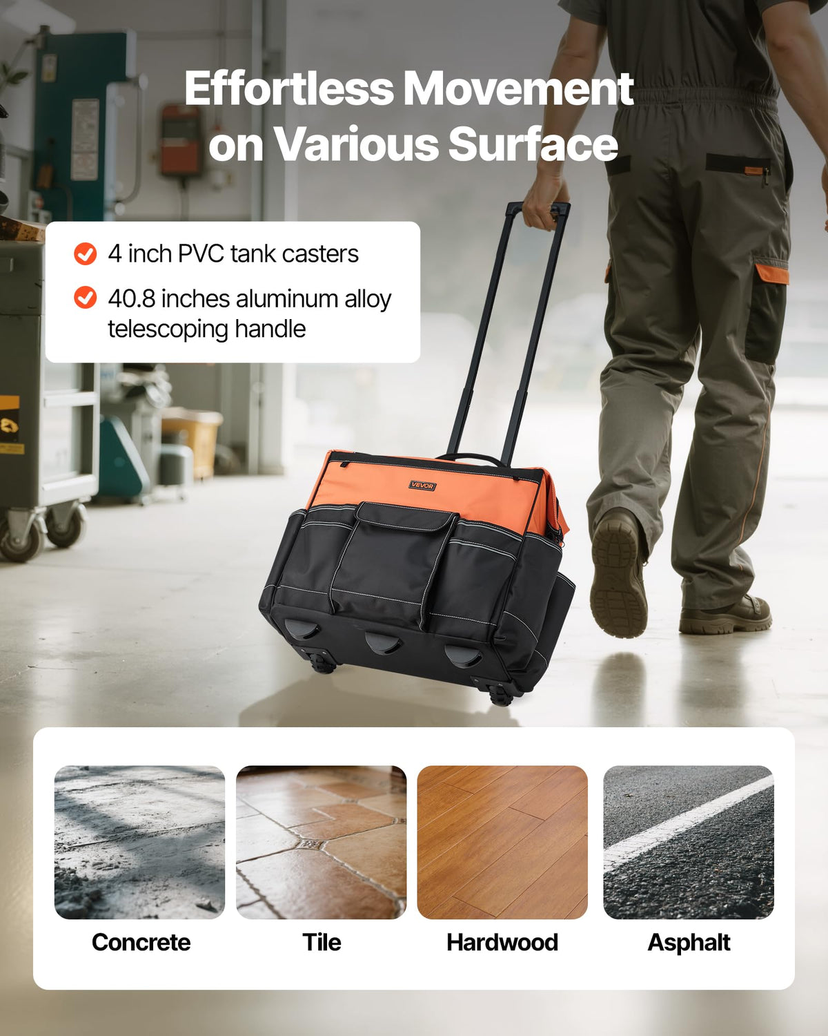 20" Rolling Tool Bag, 110 lbs Load Capacity, 27 Pockets Heavy Duty Roller Tool Bag on Wheels, Adjustable Telescoping