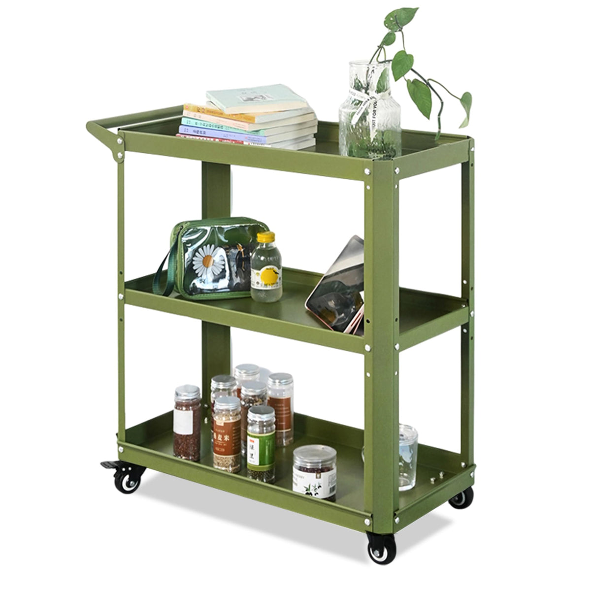 3 Tier Metal Utility Rolling Cart with Wheels, Green