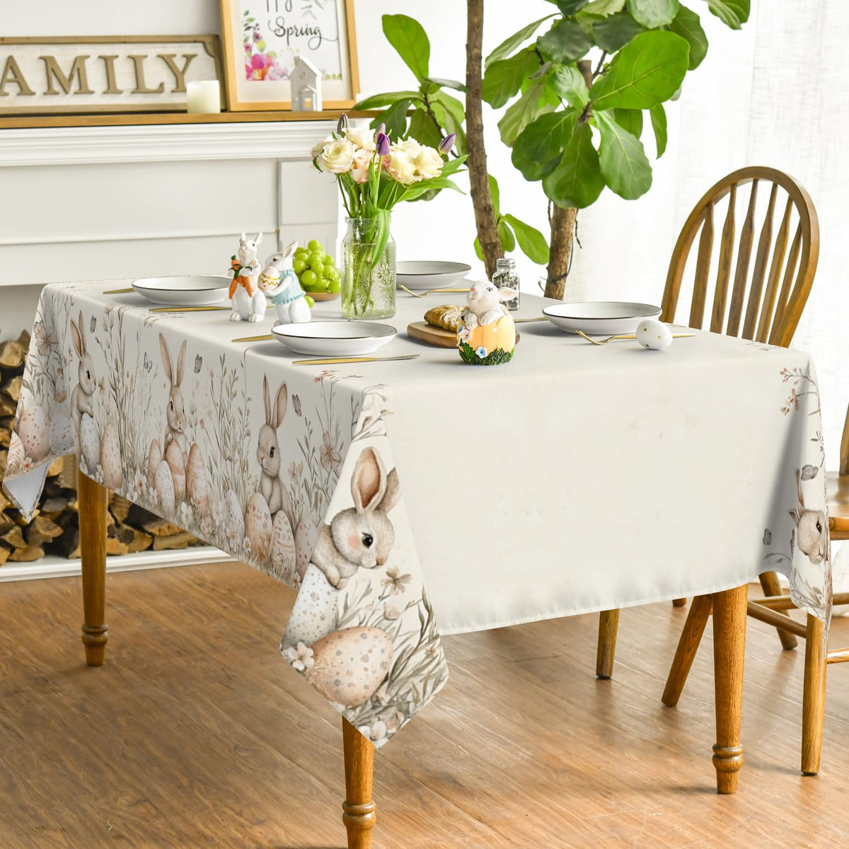 Easter Tablecloth 60 x 84 Inch Rectangular Beige Easter Bunny