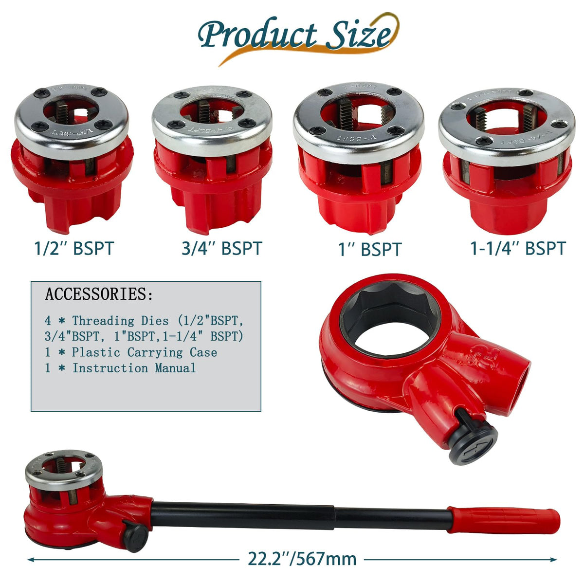 4-Die BSPT Pipe Threader Ratchet Kit 1/2"-1-1/4" Manual Threading Tool