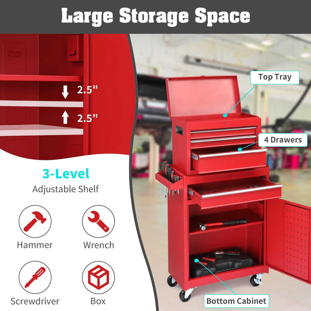 4-Drawer Rolling Tool Chest, 2-in-1 Large Storage Toolbox, Red