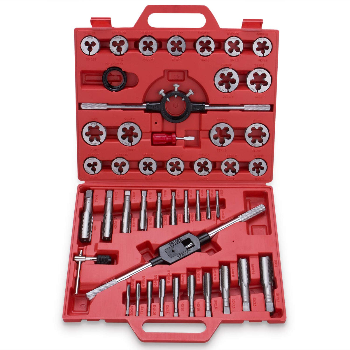 45-Piece Premium Large Size Tap and Die Set - SAE 1/4, 5/16, 3/8, 7/16, 1/2, 9/16, 5/8, 3/4, 7/8, 1”, Both Coarse and Fine Teeth | Essential Threading and Rethreading Tool with Handle Wrench and Case