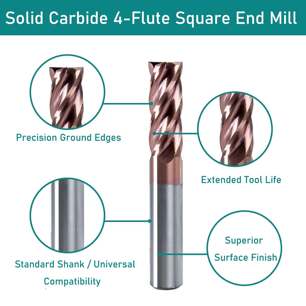 NZ 3/16" 4-Flute Square End Mill, TiSiN-Coated Carbide (HRC55) — for Machining Hardened Steel, Alloy Steels & Cast Iron | 5-Pack