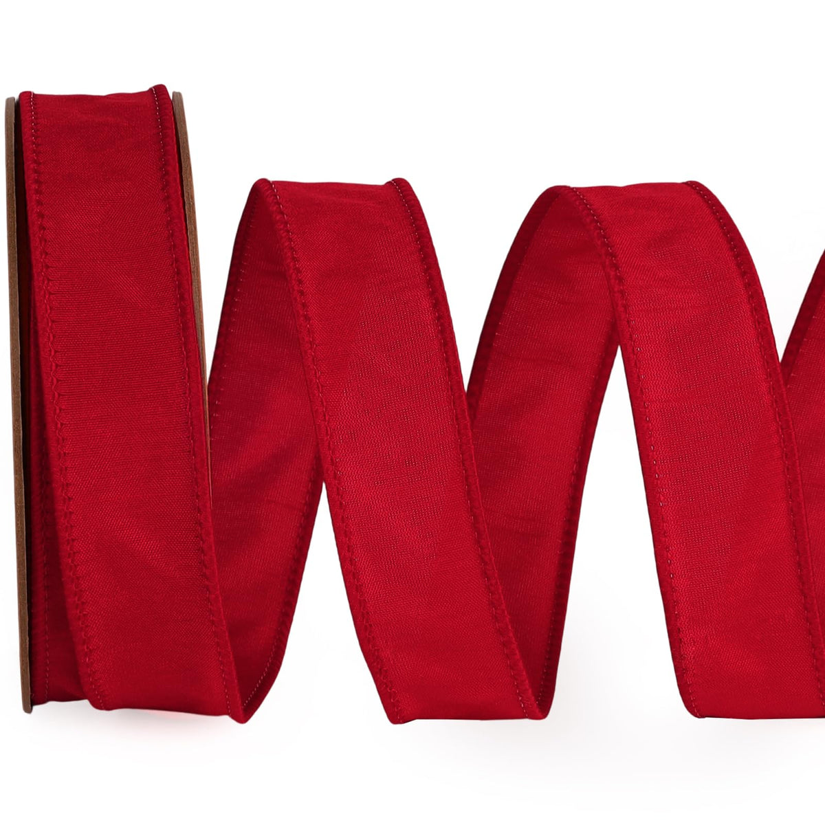 Red Ribbon Wired Christmas Dupioni, 1" x 10 Yards