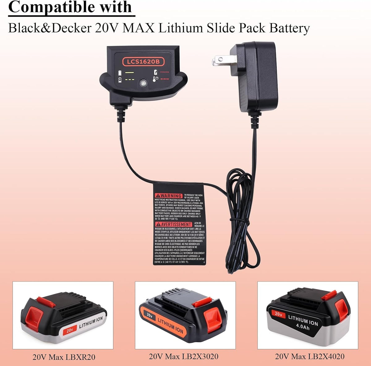 Lasica Compatible with Black and Decker 20V Lithium Battery Charger LCS1620B Compatible with Black & Decker 20 Volt Max Lithium Battery LBXR20 LBXR2020-OPE LB2X3020 LB2X4020 LBX4020 90590282 BDCAC202B
