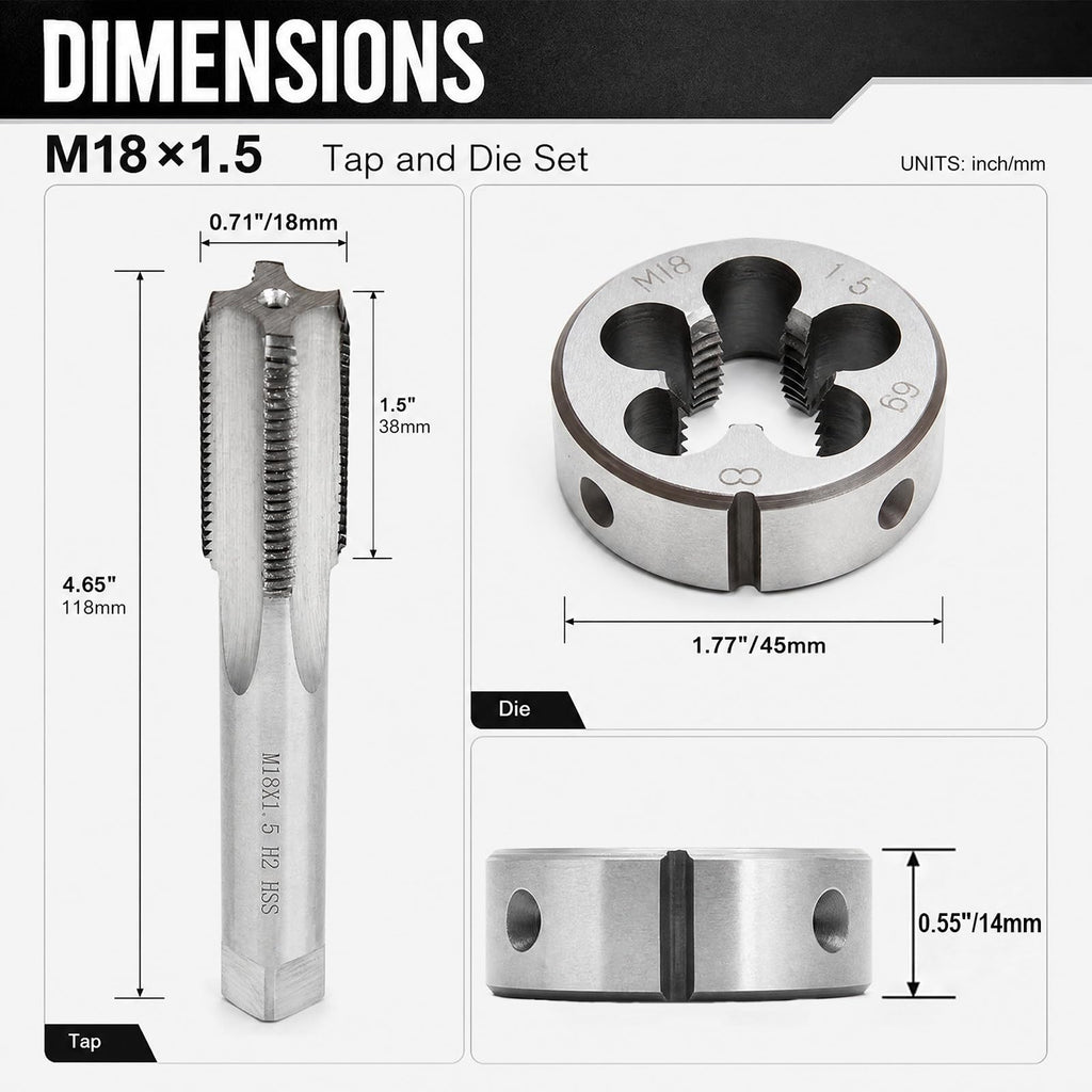 YUEARN M18 X 1.5mm Metric Tap and Die Set, HSS Straight Fluted Machine Thread Tap Right Hand Screw Tap and Round Thread Die for Mold Repair and Metalworking