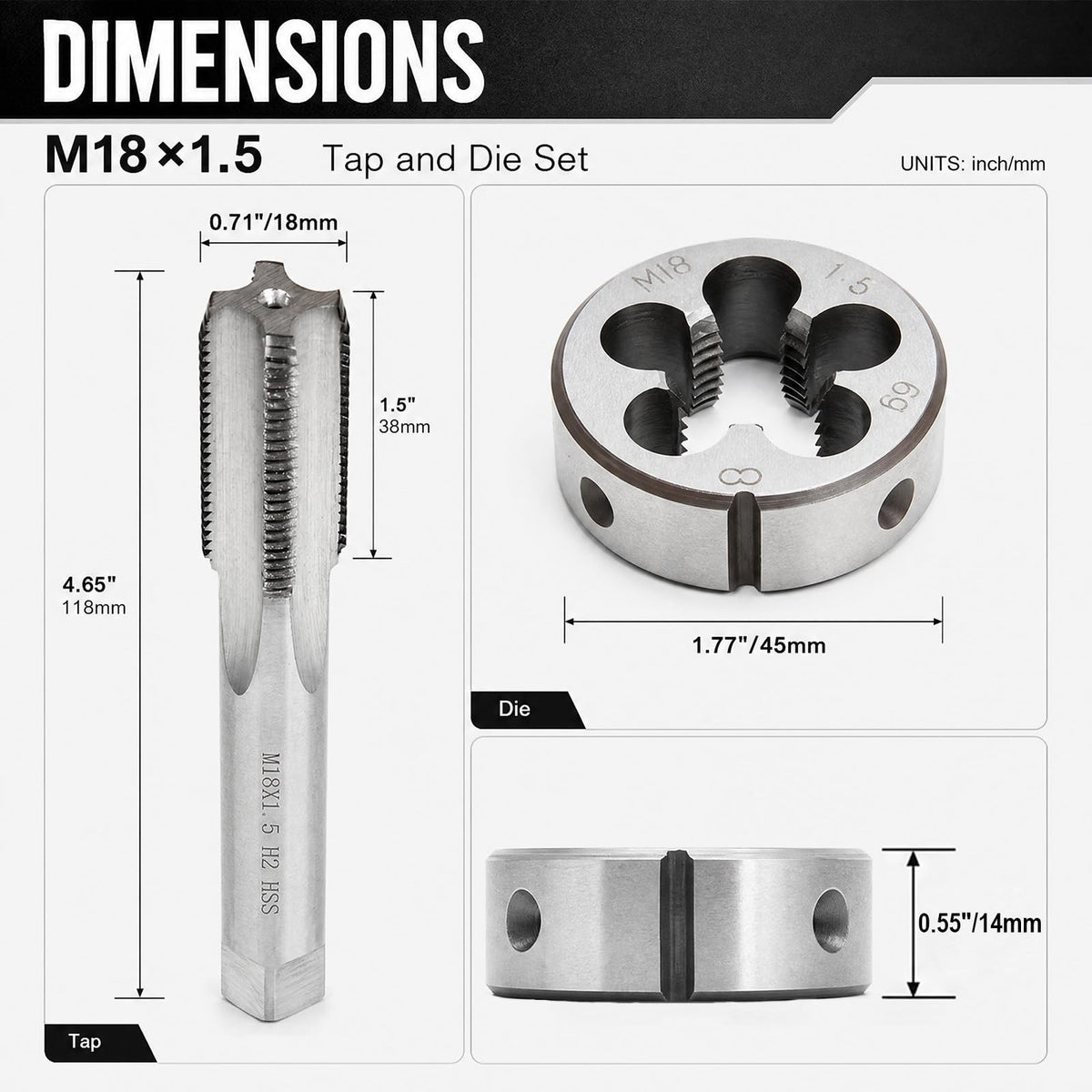YUEARN M18 X 1.5mm Metric Tap and Die Set, HSS Straight Fluted Machine Thread Tap Right Hand Screw Tap and Round Thread Die for Mold Repair and Metalworking