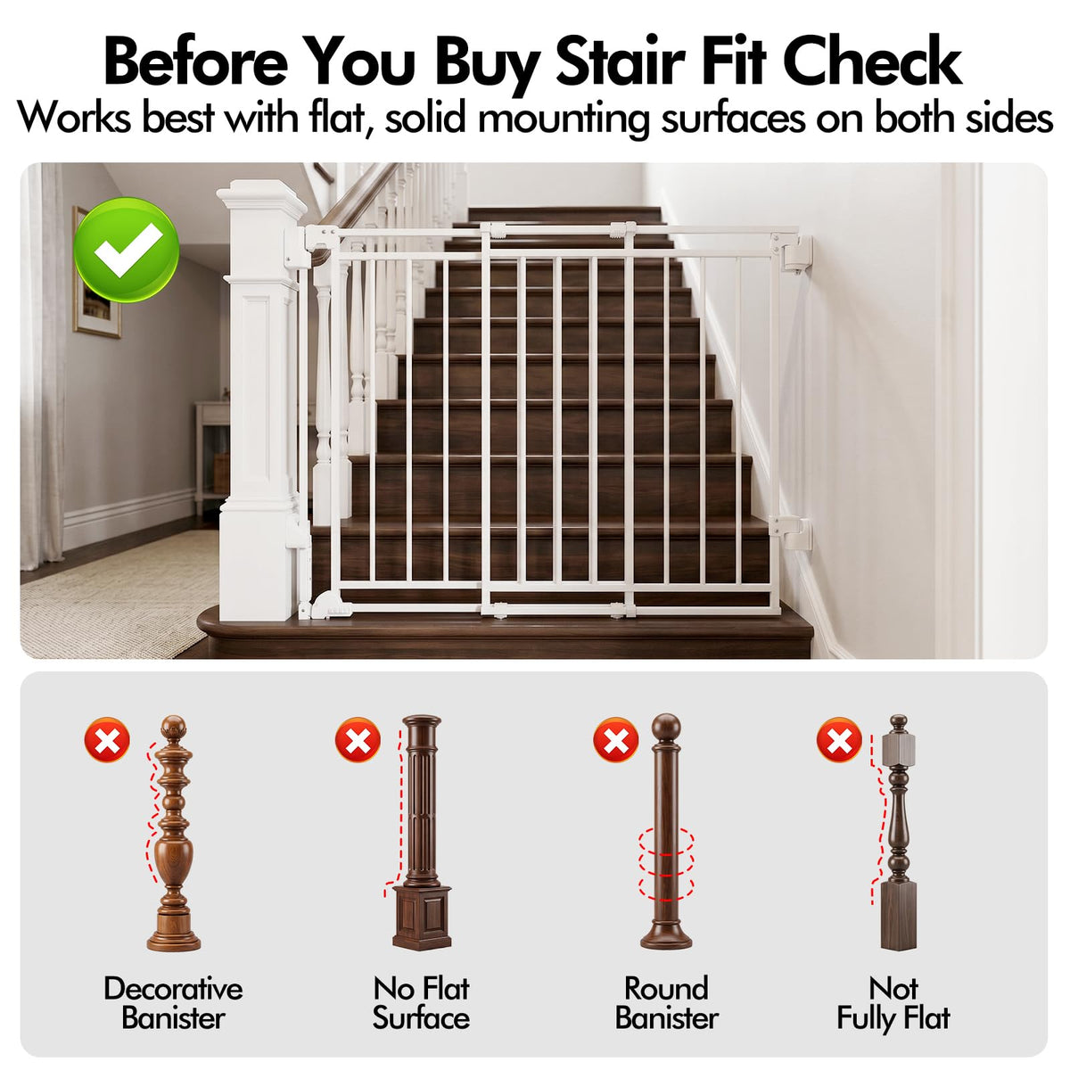 39" H x 26.4-43" W Extra-Tall Adjustable Hardware/Pressure-Mounted Pet & Child Safety Gate with Dual-Lock Walk-Through Swing Door for Stairs, Hallways & Wide Doorways — White