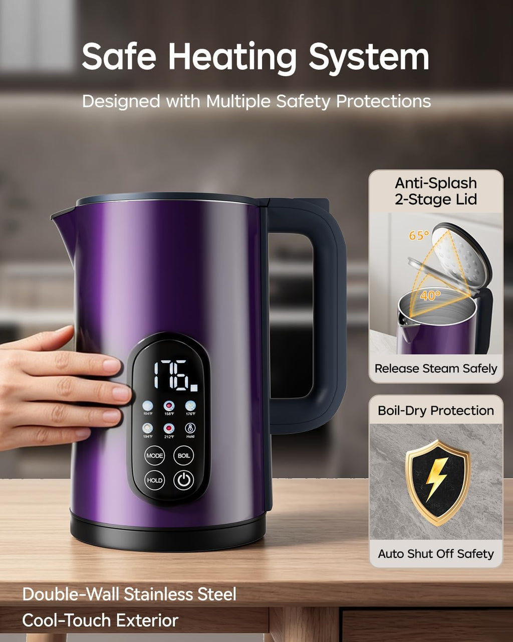 1.7L Stainless Steel Electric Kettle with Temperature Control – Purple | 5 Preset Temperatures for Tea & Boiling