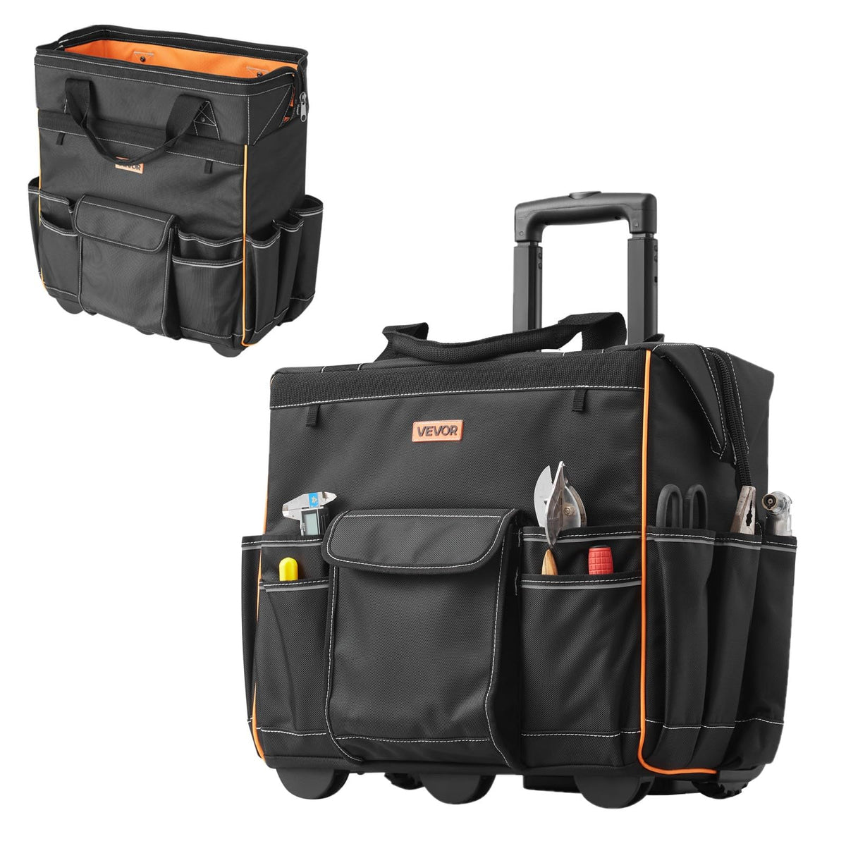 18" Rolling Tool Bag, 110lbs Load Capacity, 25Pockets Heavy Duty Roller Tool Bag w/Adjustable Telescoping Handle &
