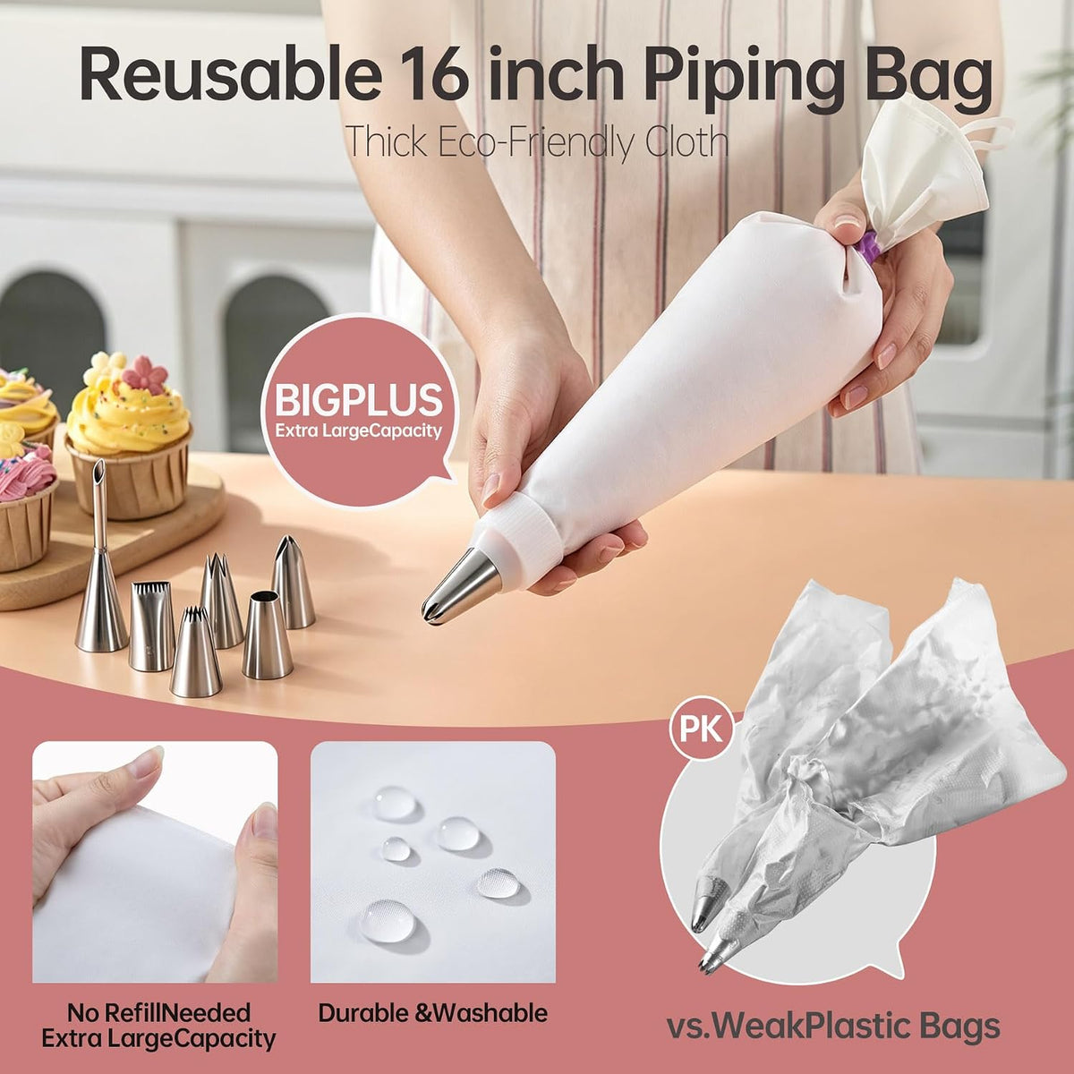 Reusable Piping Bags and Tips Set, 2pcs 16 inch Cotton Pastry Bags and Tips