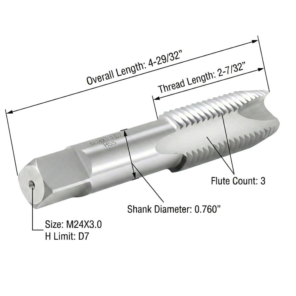 Accusize Metric Spiral Point Tap M24 x 3.0, HSS, 3 Flute