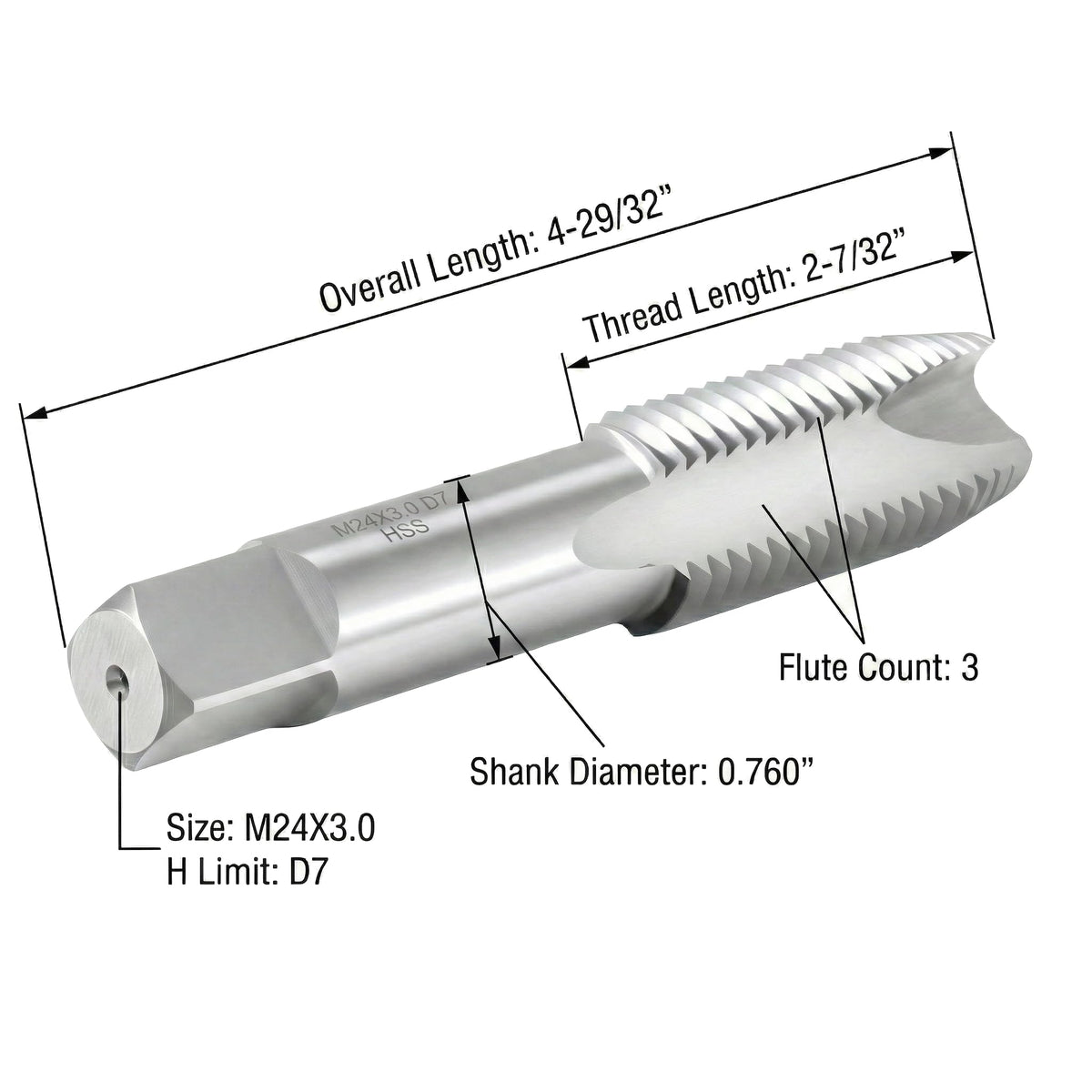 Accusize Metric Spiral Point Tap M24 x 3.0, HSS, 3 Flute
