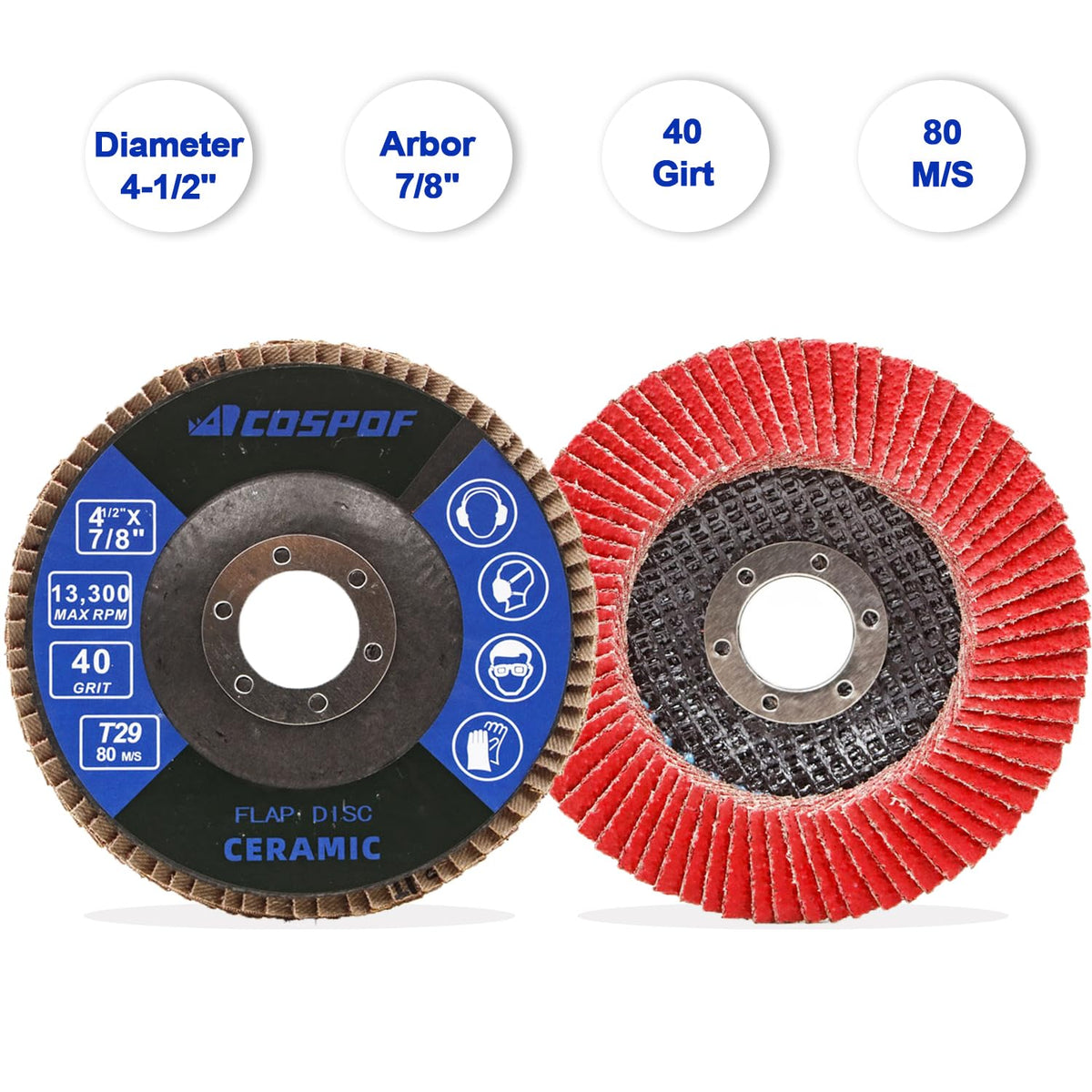 COSPOF Flap Discs, Flap Wheels 40 Grit, Ceramic Grinding Discs 115mm, 4-1/2 x 7/8 Inch Work with Universal Angle Grinders, Suitable for Metal Sanding Grinding and Conditioning, Type29, 10 Pack.