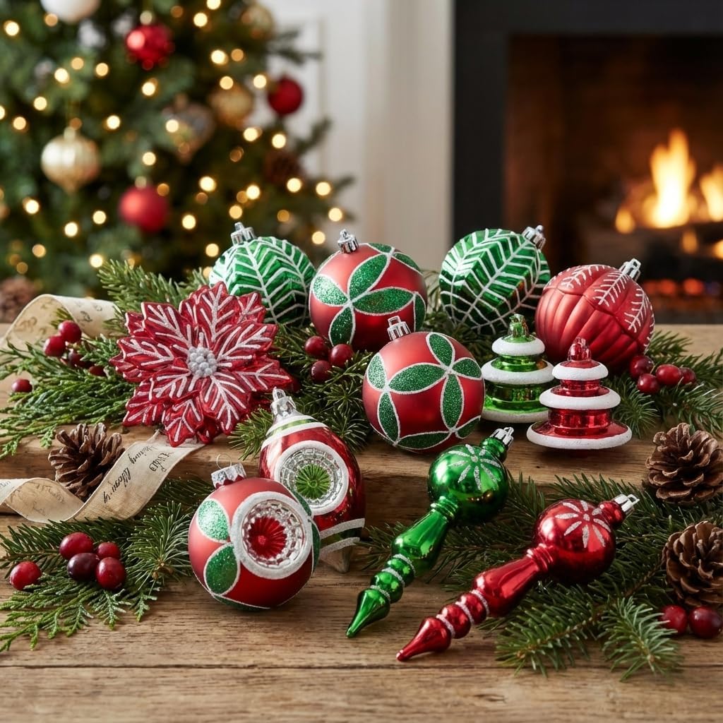 Christmas Tree Ornaments Set, 50ct Red Green White Shatterproof Christmas Tree Decorations Bulk, Variety Vintage