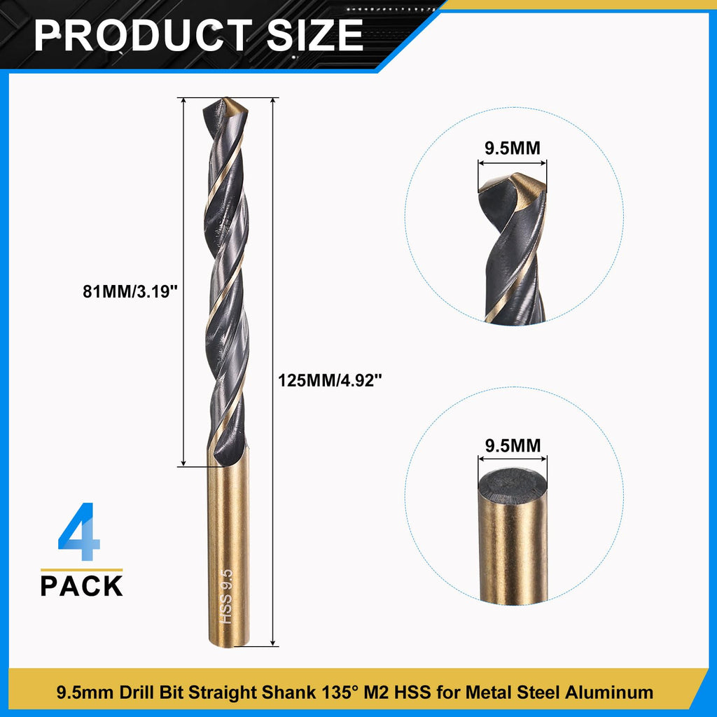PATIKIL 9.5mm Drill Bit M2 High-Speed Steel for Hard Metal 4 Pack