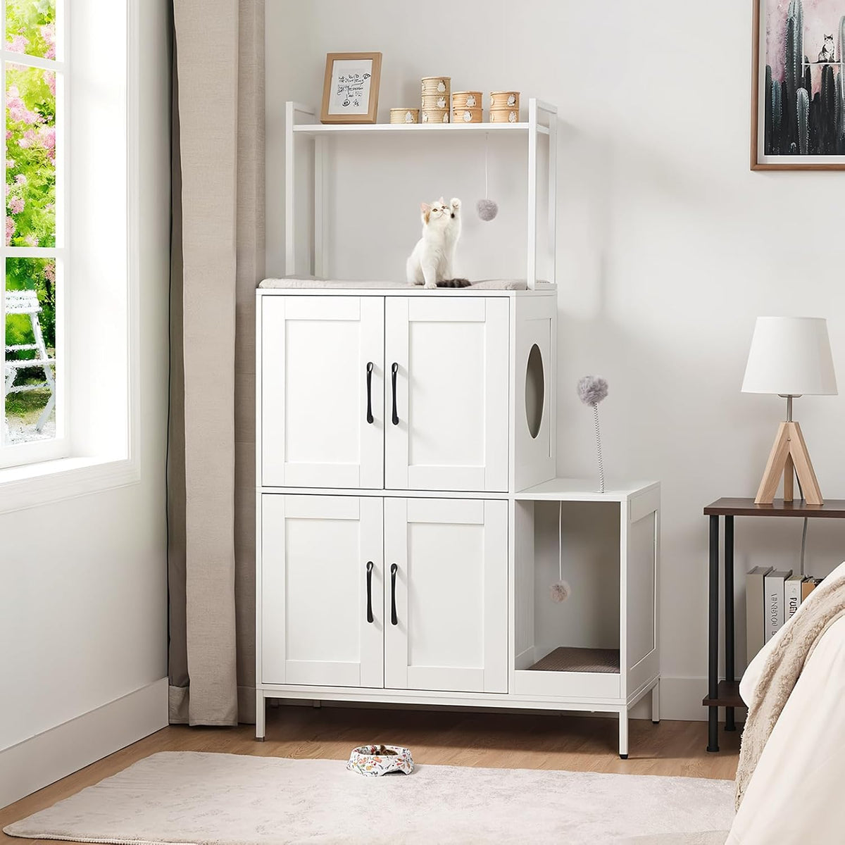 Litter Box Enclosure, Litter Box Furniture with Storage, 2-in-1 Hidden Cat Furniture with Shelf, 2 Dangling Plush