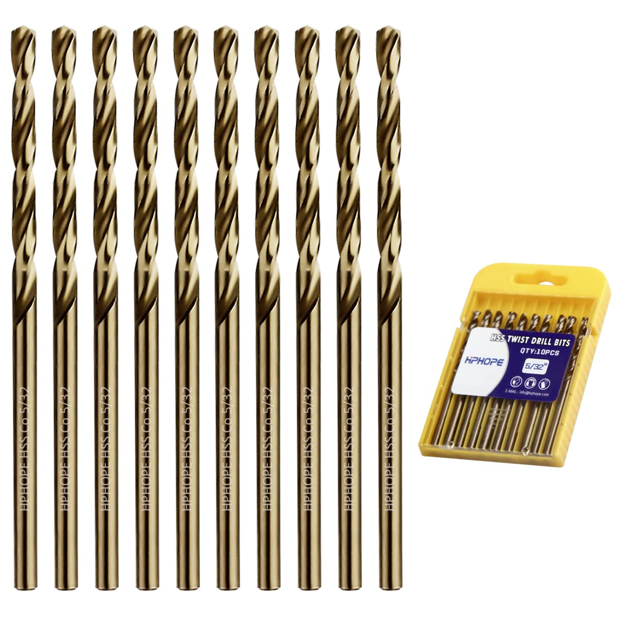 5/32 Inch Cobalt Drill Bits 10Pcs - HPHOPE M35 HSS Metal Twist Drill Bits Set, Jobber Drill Bits Length and Straight Shank, Suitable for Drilling in Hard Metal, Stainless Steel, Cast Iron