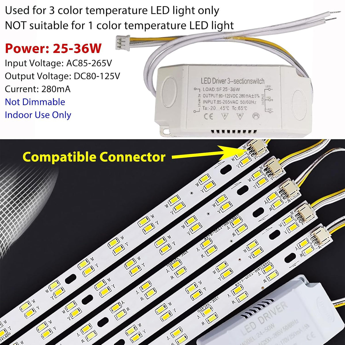 LED Driver 25-36W for Multi-Color Ceiling Strip Spot Light Module Panel, Replacement LED Power Supply Adapter Starter Transformer, Input AC85-265V Output DC80-125V