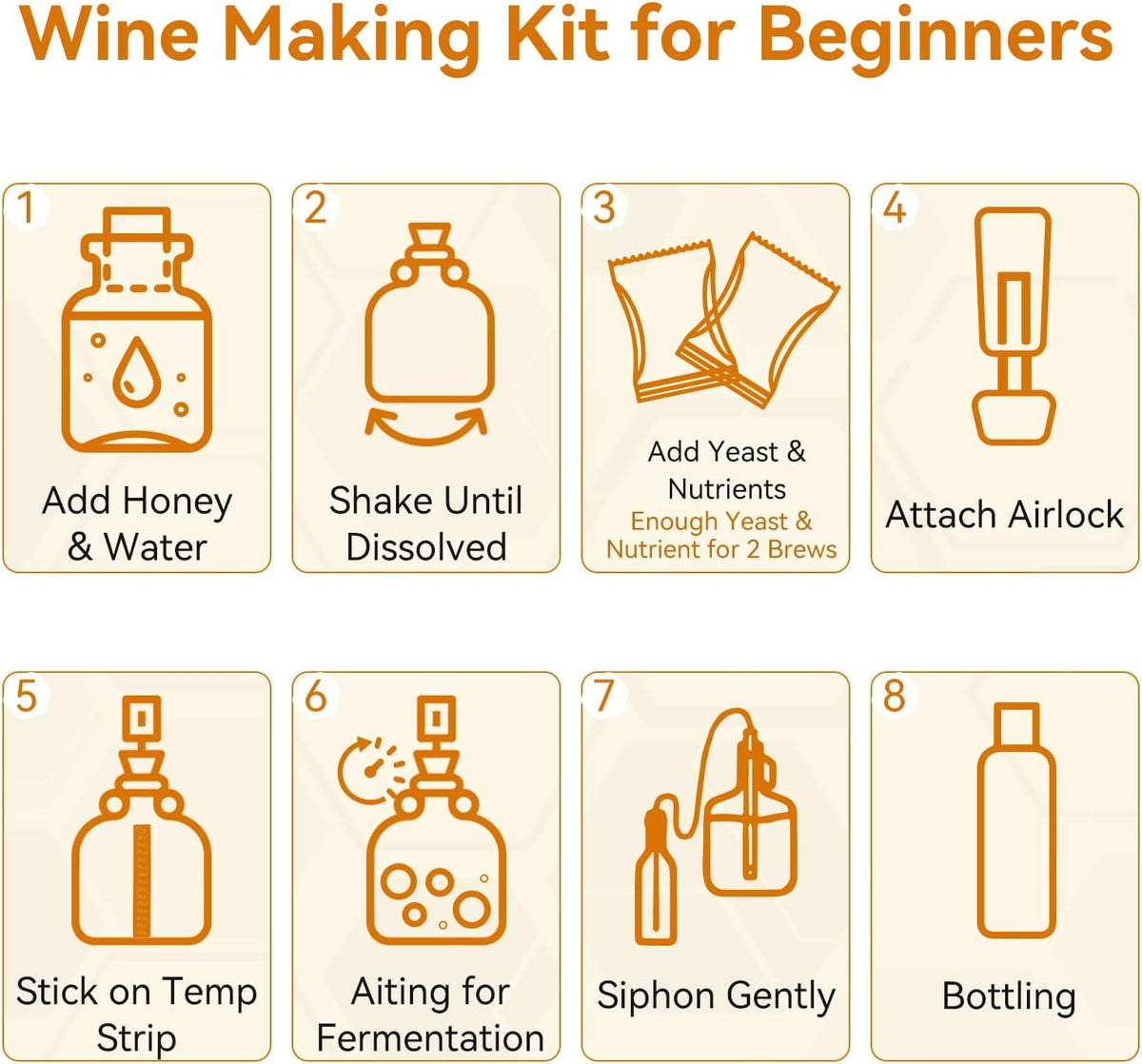 Mead Making Kit for Beginners - Complete Home Brewing Starter Set with Reusable Supplies, 1 Gallon Glass Honey Wine