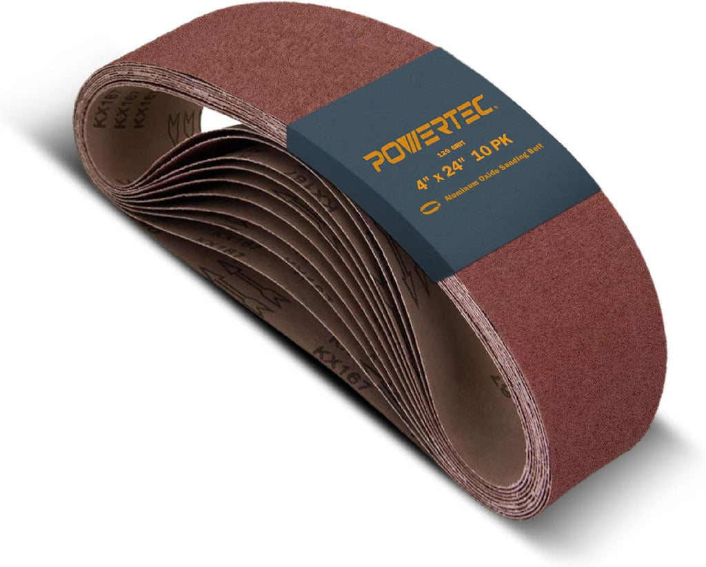 POWERTEC 4 x 24 Inch Sanding Belts, 10 PK, 120 Grit, 4x24 Belt Sander Sanding Belts Assortment, Aluminum Oxide Sandpaper for Oscillating Belt Sander, Woodworking, Metalworking (110010)