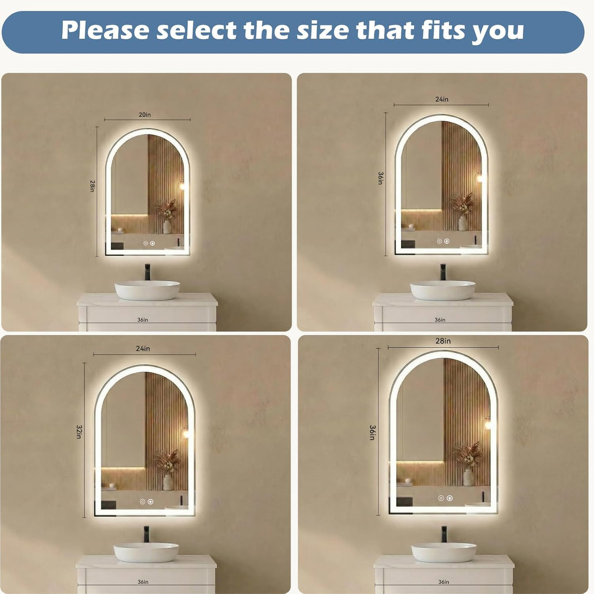 24"x36" LED Bathroom Mirror with Lights, Arched Vanity Mirror | Anti-Fog, Dimmable, 3-Color Light, Memory Function