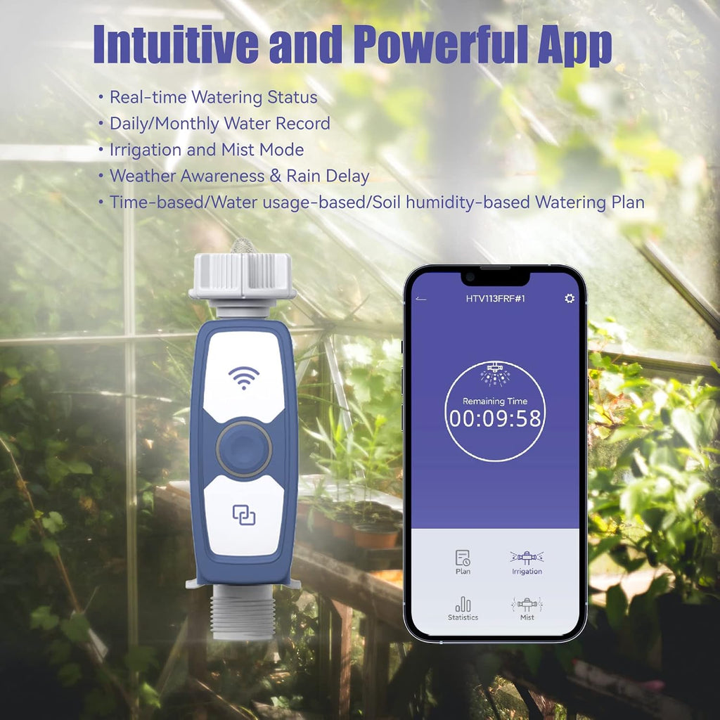 WiFi Water Timer, Smart Hose Timer with Water Usage-Based and Soil Moisture-Based Watering System, Sprinkler