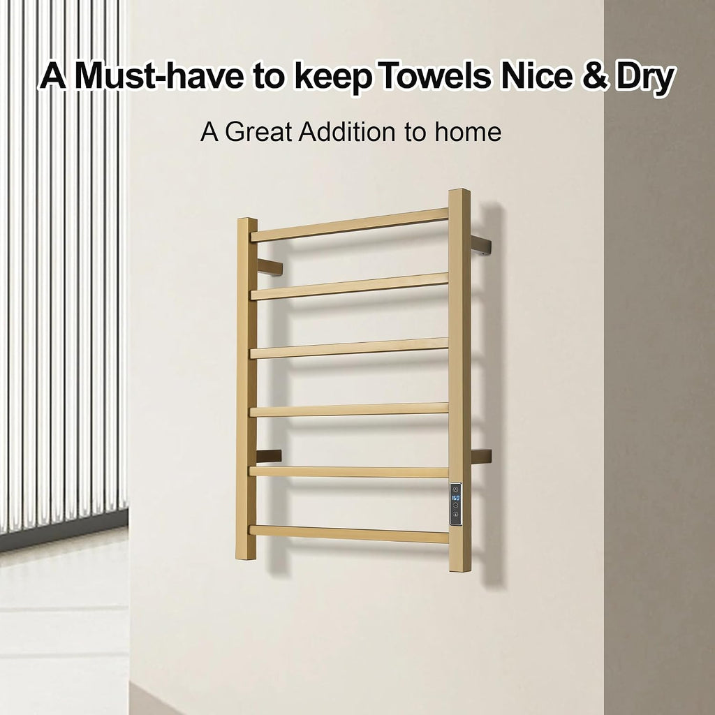 Electric Heated Towel Warmer - Wall Mounted Bathroom Towel Rack, Plug-in Design & Gold Brushed Stainless Steel 6 Bar