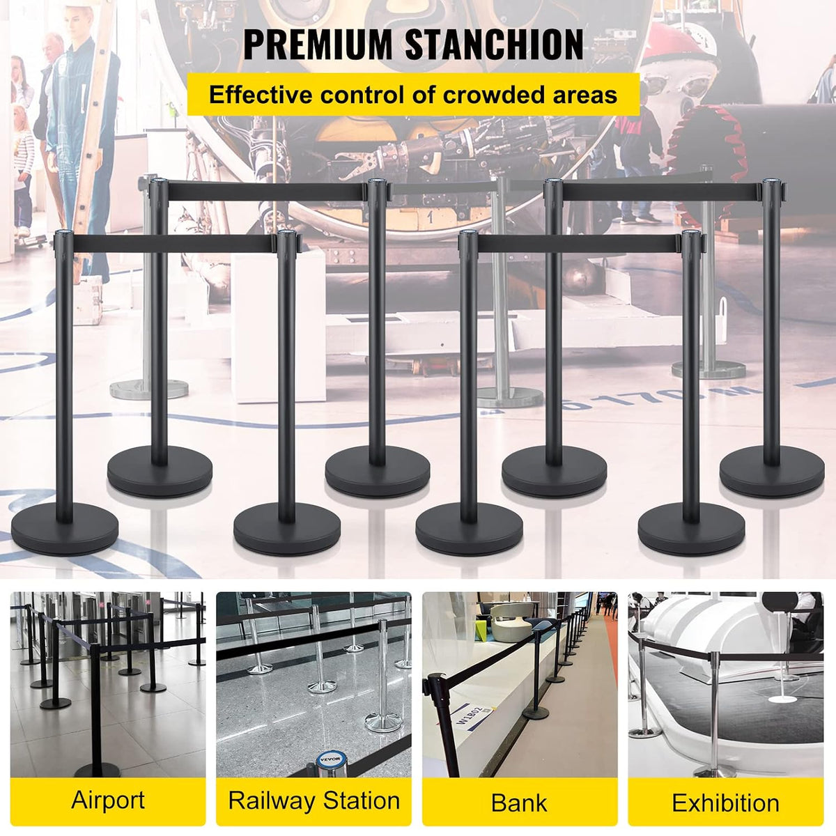 Crowd Control Stanchion Set, Stanchion Set with 6.6 ft/2 m Black Retractable Belt, Black Crowd Control Barrier