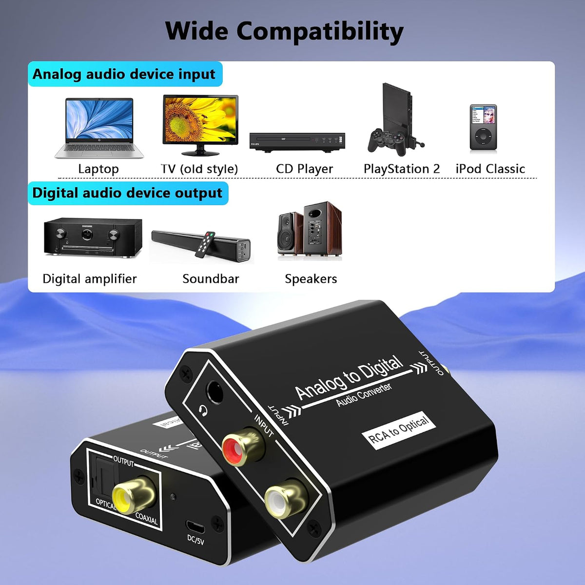 Analog to Digital Audio Converter, RCA to Optical Converter, RCA/3.5MM to Toslink and Coaxial Adapter, 48kHz/24bit