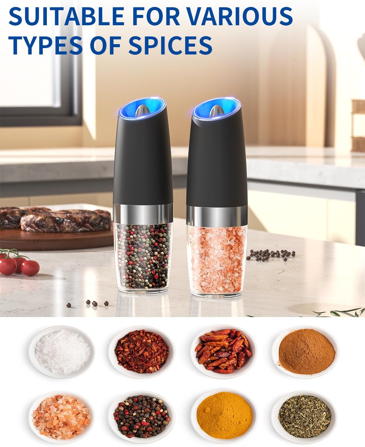 Gravity Electric Salt and Pepper Grinder Set Automatic Salt and Pepper Grinder Set with LED Light, Battery Operated