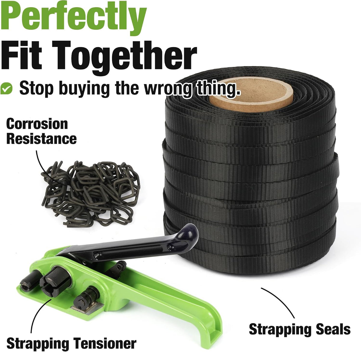Manual Banding Strapping Kit, 3/4" x 328' Woven Cord Strapping with Heavy Duty Tensioner & 100pcs Phosphated Metal