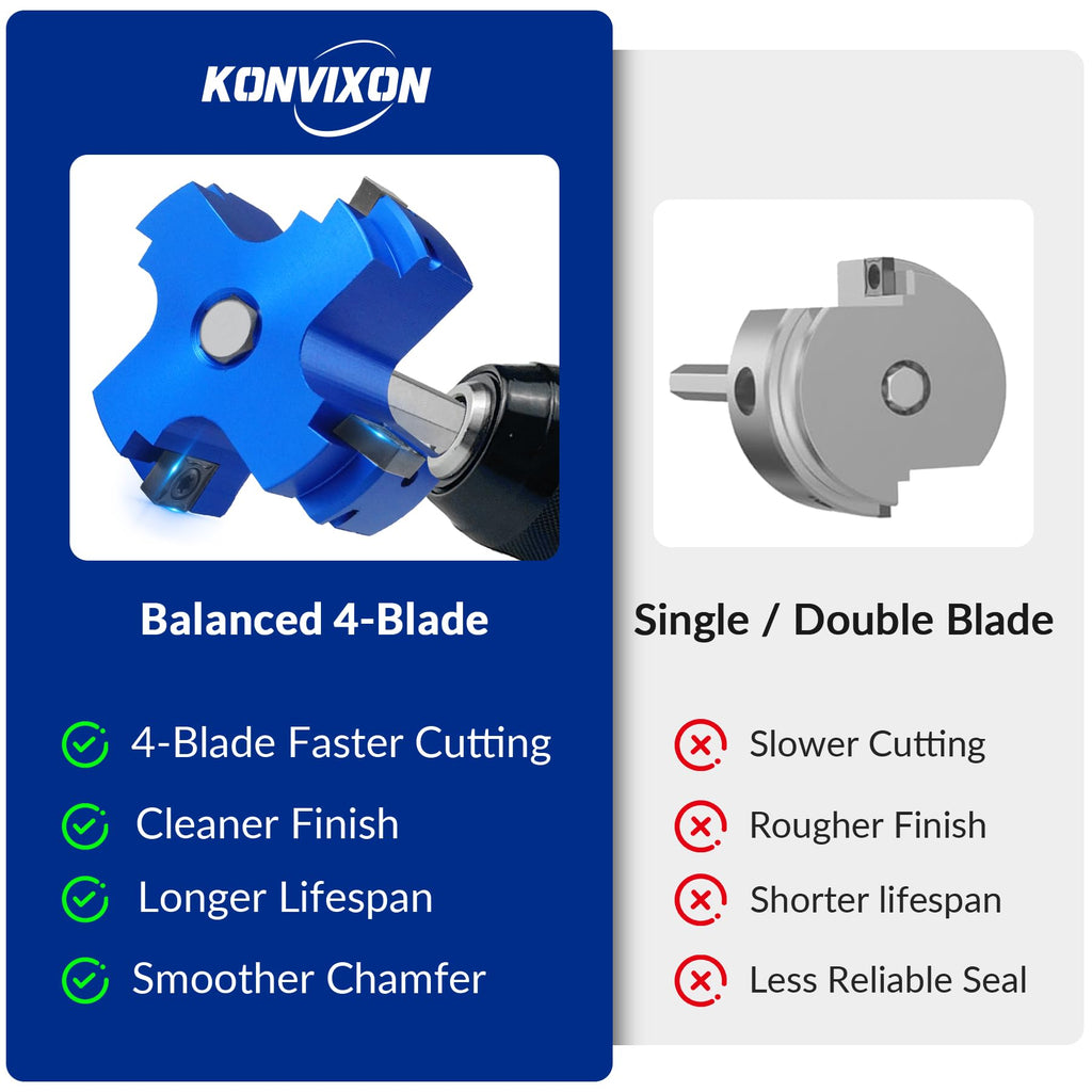 Konvixon 4 Blade 2-Inch PVC Fitting Saver, PVC Pipe Reamer Socket Saver with 3/8 Inch Hex Shaft, Plastic Pipe Fitting Reamer Plumbing Tool for SCH40 CPVC Pipe ABS Socket Hub, Fit Standard 1/2" Drills