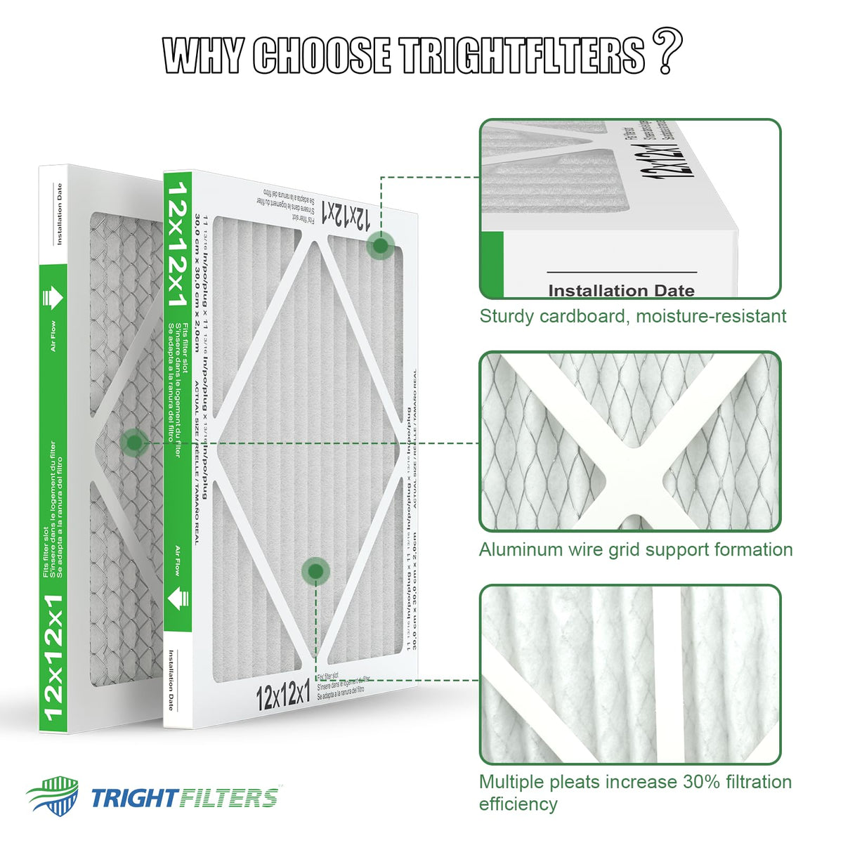 12x12x1 Air Filter 4 Pack, MERV 8 Pleated HVAC Furnace Filter