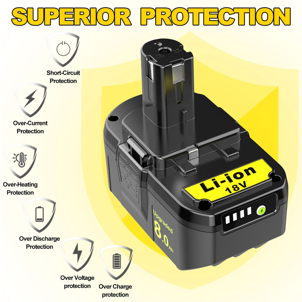 2-Pack 8.0Ah Replacement for Ryobi 18V Battery ONE+ P108 P102