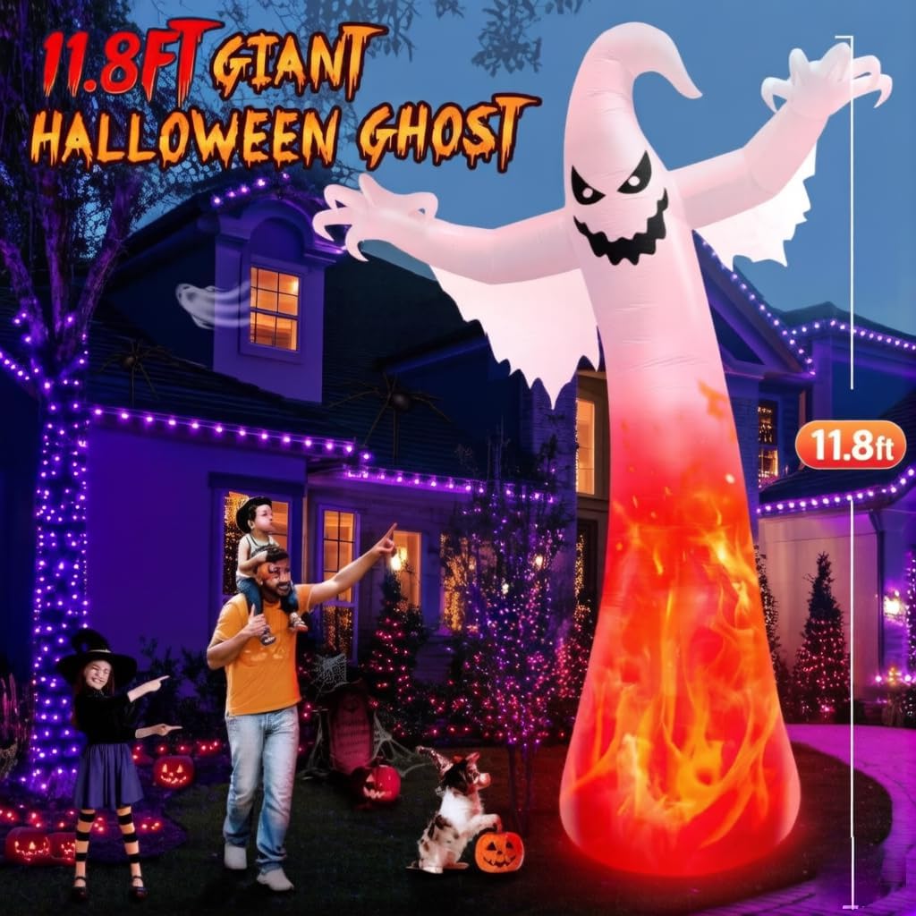 11.8FT Giant Halloween Inflatables Ghost with 3-Colored Flame Rotation LED Lights, Huge Spooky Halloween Decoration
