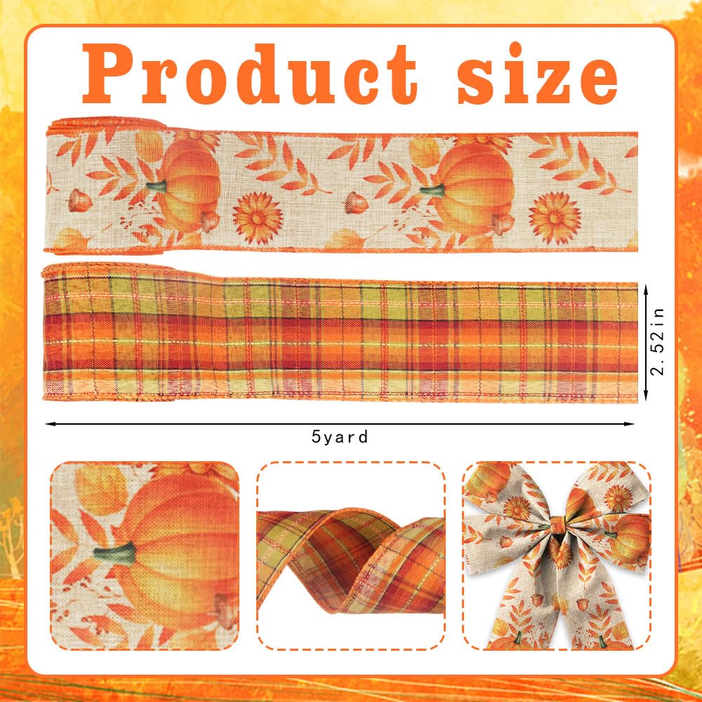 2 Rolls Fall Ribbons for Wreath Bows Wrapping Gifts, Orange Plaid Pumpkin Autumn Ribbon for Gift Wrapping