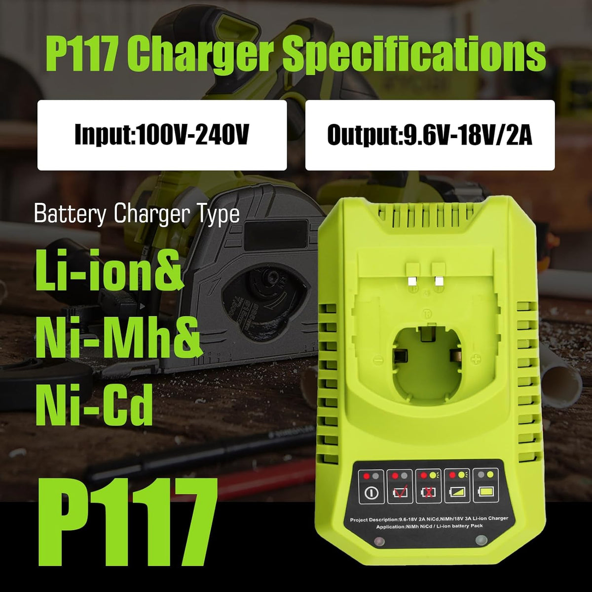 2 Packs 8Ah Replacement for Ryobi 18V Battery P108 and P117 Charger(Green)